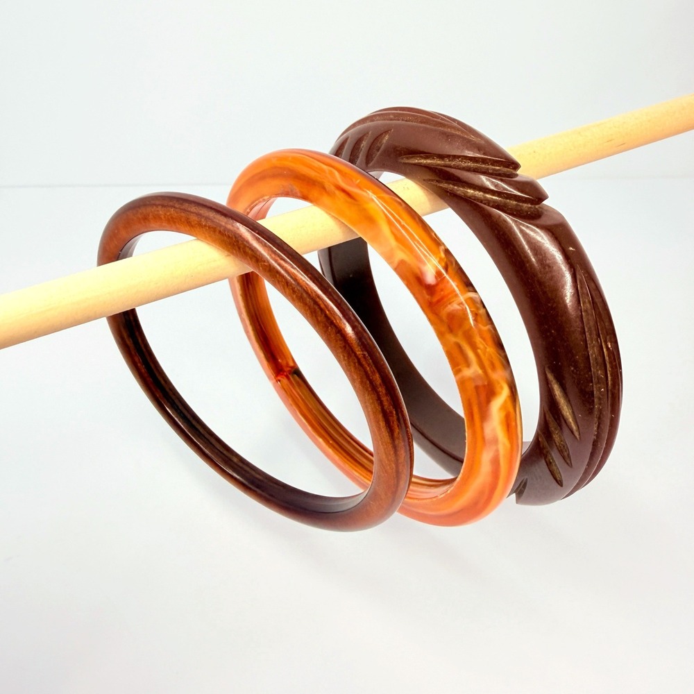 Sculptural Brown Carved Bakelite Bangle Bracelet Trio Tortoise Swirl MCM Vintage